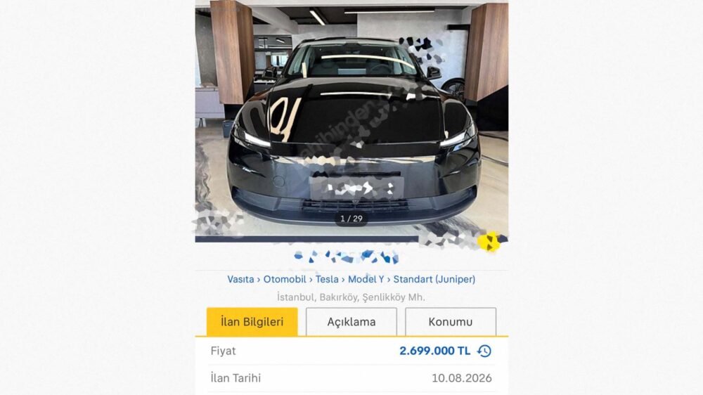 2 milyon 699 bin TL fiyatla yayımlanan Tesla Model Y ilanının ekran görüntüsü